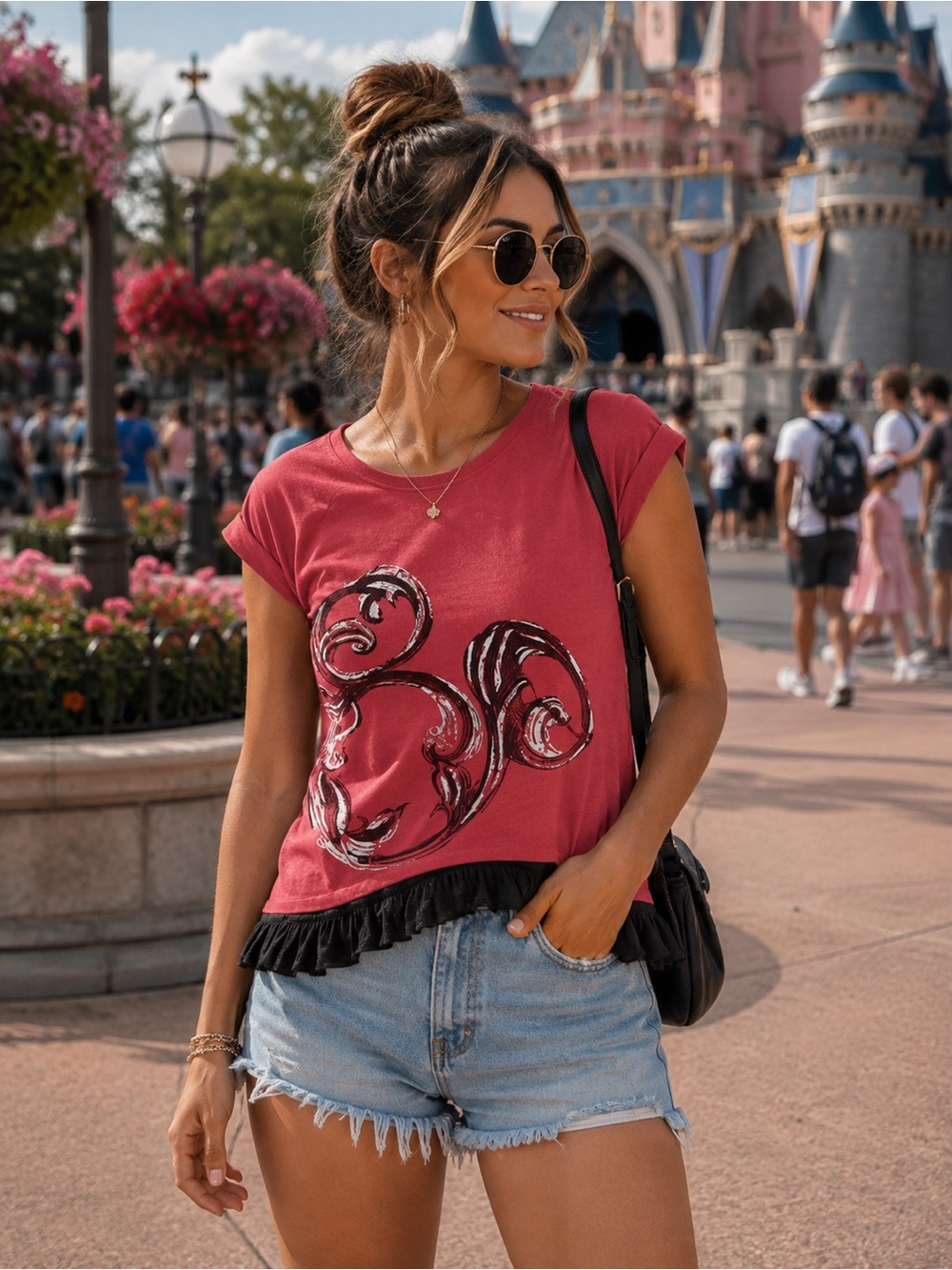 Disney Parks Hidden Mickey Scroll Graphic Ruffle Hem Top Women’s XL Red & Black